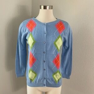 August‎ Silk Womens Small Button Up Blue Argyle Cardigan Sweater Cotton